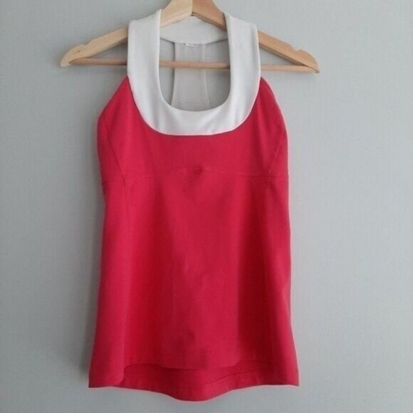 LULULEMON Scoop Neck Mesh T Back Tank Top Pink & White Sz 6 - Picture 2 of 7